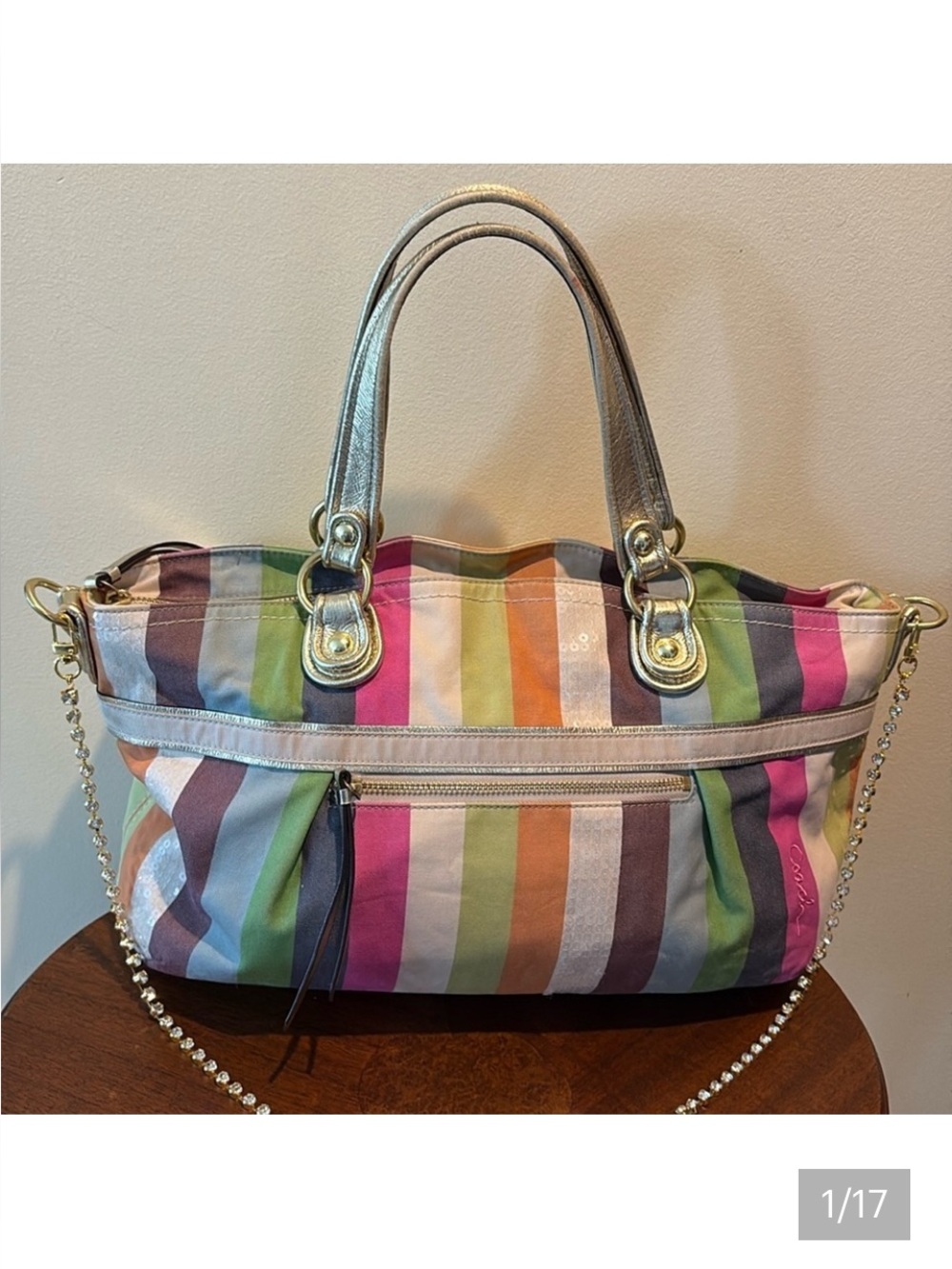 Coach  19026 poppy striped bag tote Crossbody/rhinestone chain add  gold leather